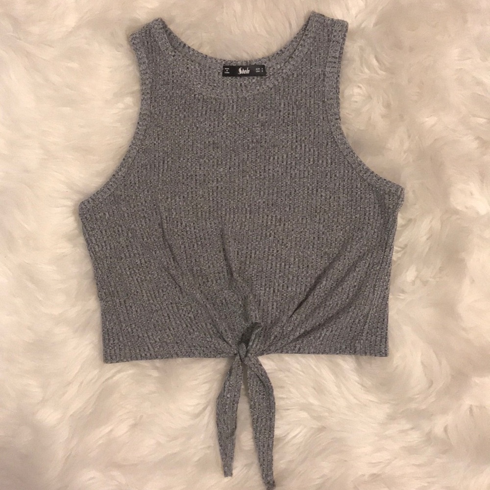 Ribbed Charcoal Gray Tie-front Top